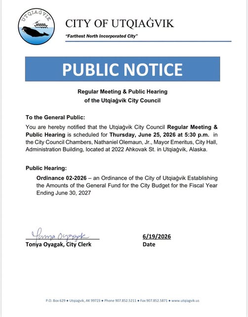 Regular Meeting & Public Hearing of the Utqiagvik City Council