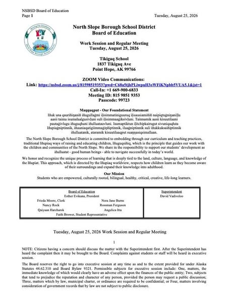 North Slope Borough School District Board of Education Work Session and Regular Meeting (1/5)