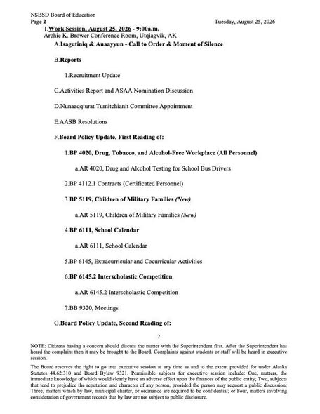 North Slope Borough School District Board of Education Work Session and Regular Meeting (2/5)