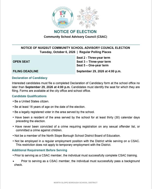 Nuiqsut Community School Advisory Council Election