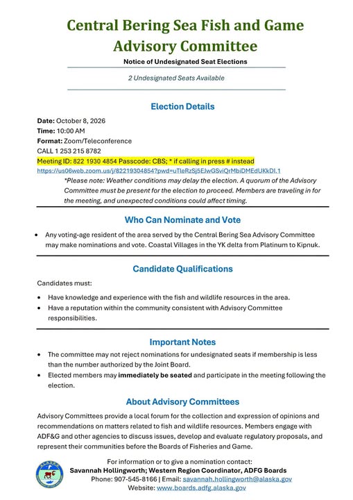 Central Bering Sea Fish and Game Advisory Committee Election and Meeting (2/2)
