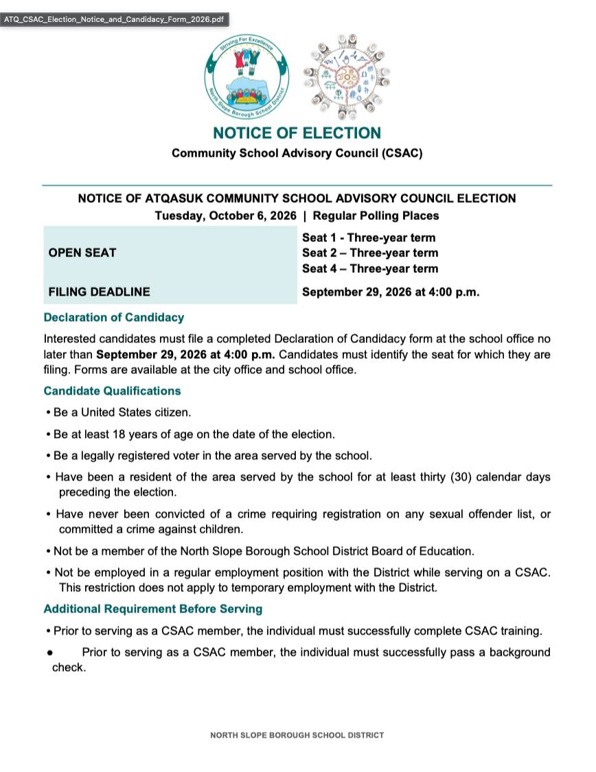 Atqasuk Community School Advisory Council Election (1/3)