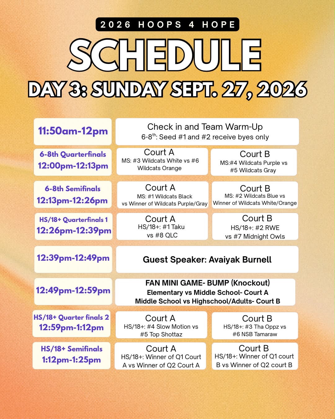 Hoops 4 Hope Tournament - Day 3 Schedule (3/4)