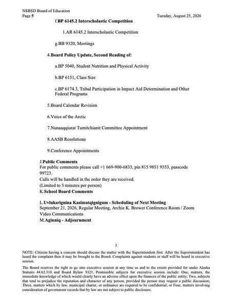 North Slope Borough School District Board of Education Work Session and Regular Meeting (5/5)