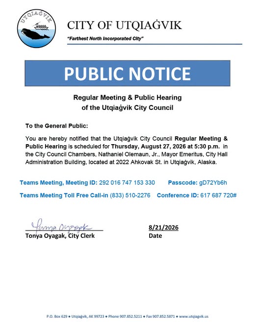 Regular Meeting & Public Hearing of the Utqiagvik City Council