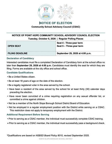 Point Hope Community School Advisory Council Election (2/3)