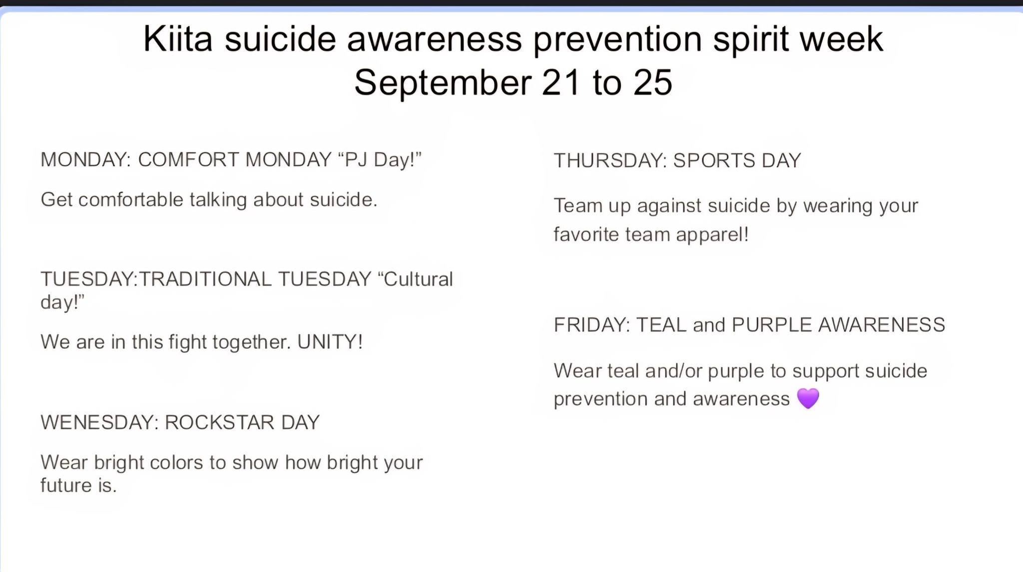 Kiita suicide awareness prevention spirit week