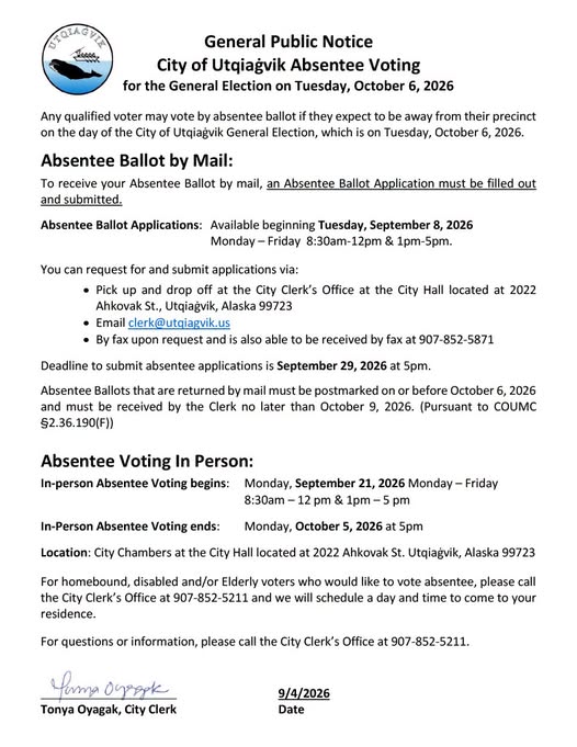 City of Utqiaġvik Absentee Voting for the General Election