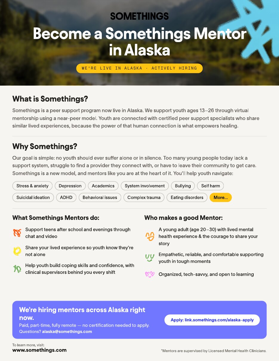 Somethings is hiring Peer Mentors across Alaska — remote, $20/hr